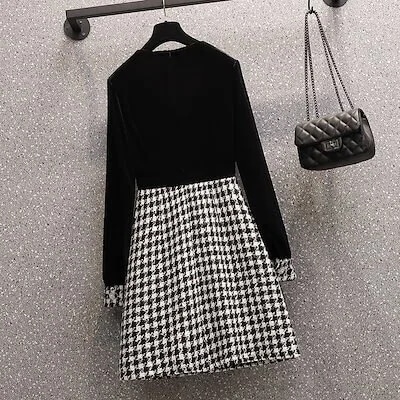 大きいサイズ 千鳥格子 長袖 ミディアム丈 ツイード 膝上丈 秋 通勤OL パーティー