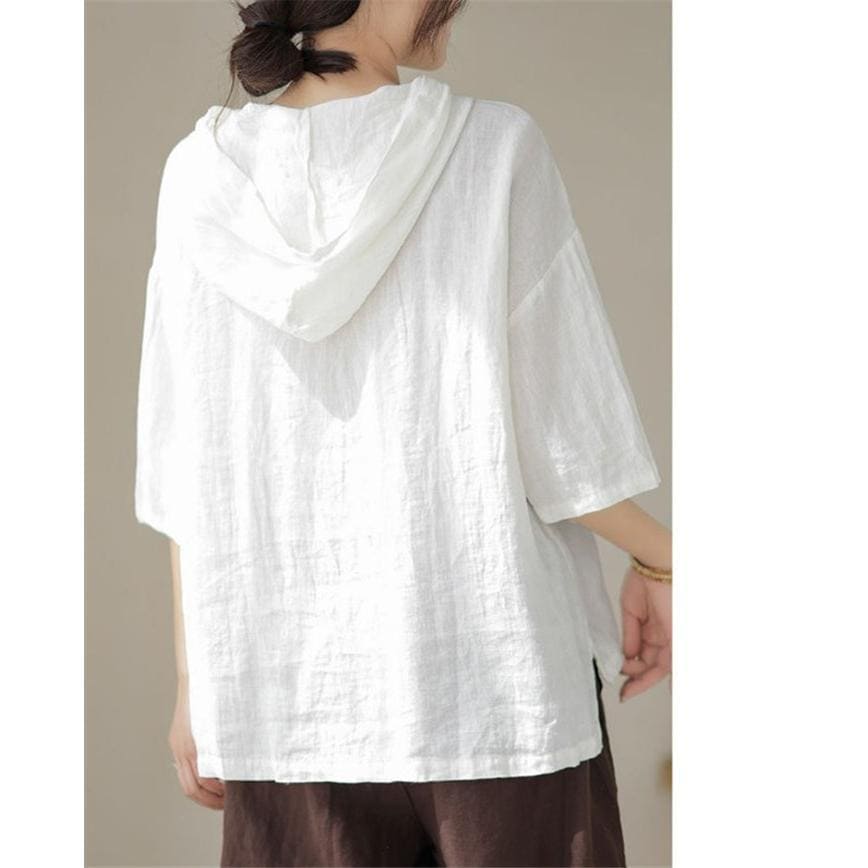 パーカー Tシャツ レディース ブラウス 春 夏 秋 リネン フード付き ガーゼ シャツブラウス tシャツ 綿麻 トップス 着心地 半袖 大人 体型カバー 5,187円