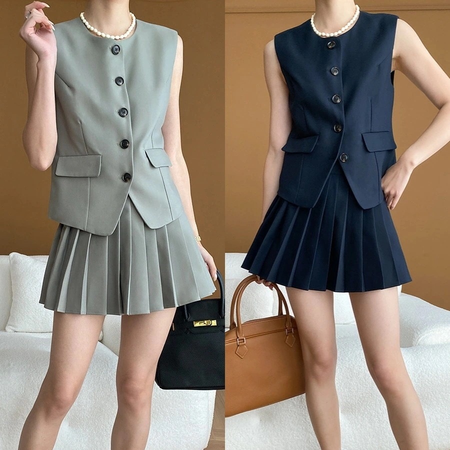 【HY逸品です】2024新作 セットアップ スーツ ノースリーブ ベスト 皺防止 垂れ感 プリーツスカート プリーツ マキシスカート 通勤 高級感 高い汎用性
