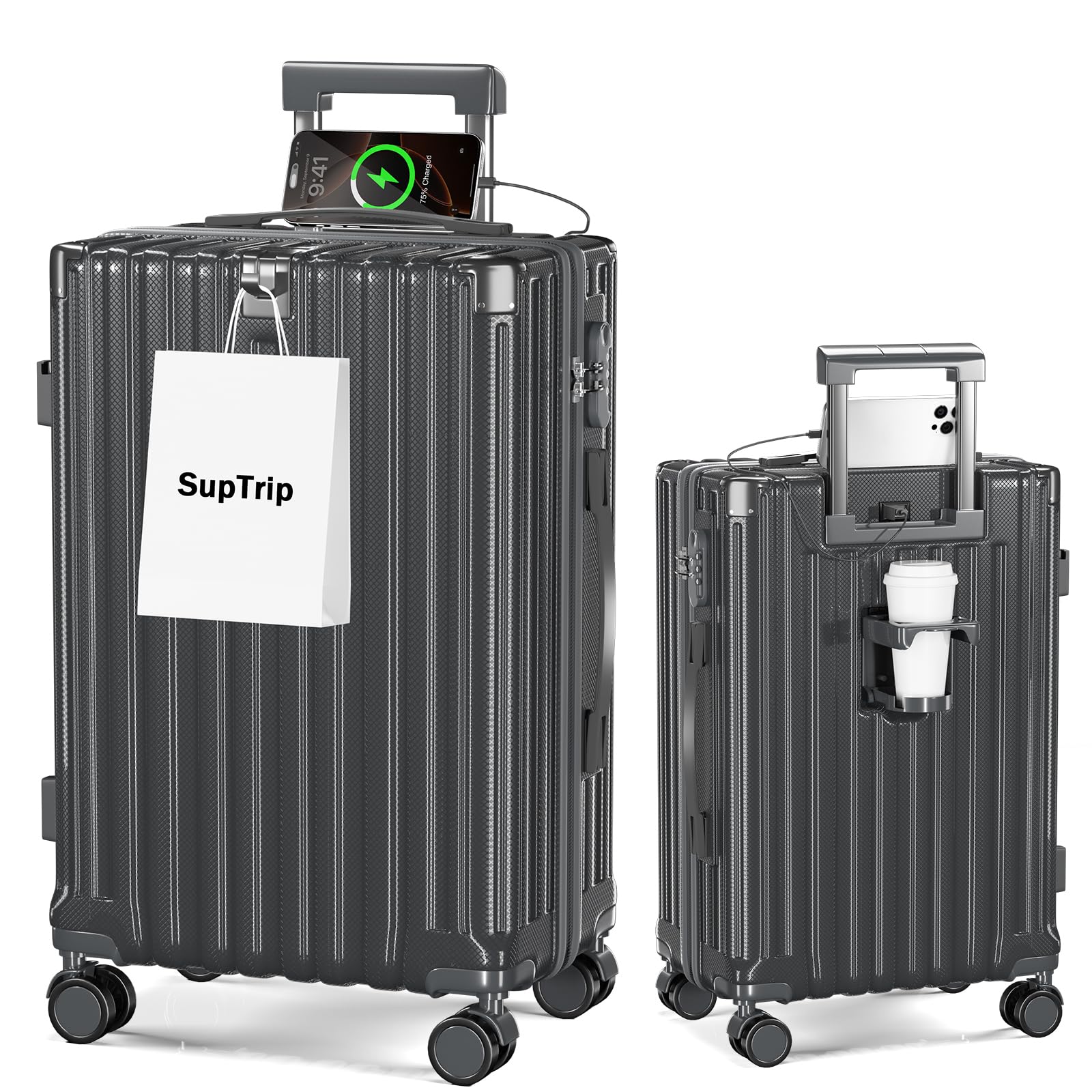 [SupTrip] スーツケース 機内持ち込み 多機能 キャリーケース 大型 超軽量 キャリーバッグ 耐衝撃 USBポート付き カップホルダー付き 充電機能 荷物フック 隠しフック機能 静音 ダブルキ