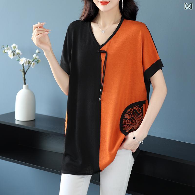 婦人服 レディース 上品 おしゃれ マダム ファッション 夏 半袖 Tシャツ 大きめサイズ チャイナ風 体型カバー