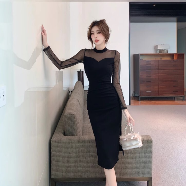 メッシュ スプライシング 長袖ドレス スリムフィット ワンピース 高級 ニッチ パーティードレス ひざ丈 長袖 かわいい 大人可愛い きれいめ シンプル 大人 上品 おしゃれ お洒落 かっこいい