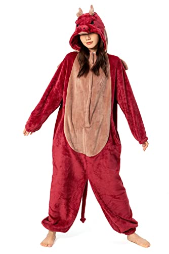 [] ドラゴン 着ぐるみ パジャマ 大人用 レッド ハロウィン コスチューム 仮装 動物 部屋着 竜 もふもふ 暖かい 防寒 ルームウェア フランネル 男女兼用 (L 175-185)