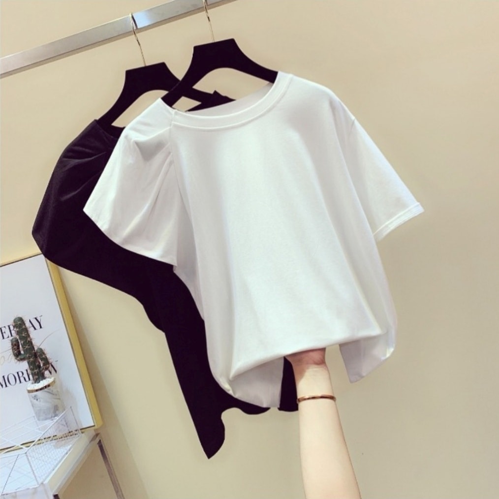 トップス Tシャツ カットソー プルオーバー 白トップス 袖あり 5分袖 五分袖 7分袖 七分袖 ドロップショルダー ラウンドネック アシンメトリー 綿 コットン かわいい 大人可愛い シンプル