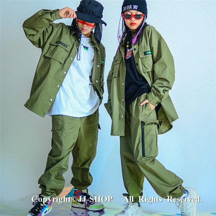 グリーン 男の子 女の子 上下セット シャツ サルエルパンツ 長袖 ジャズダンス衣装 キッズ ダンス