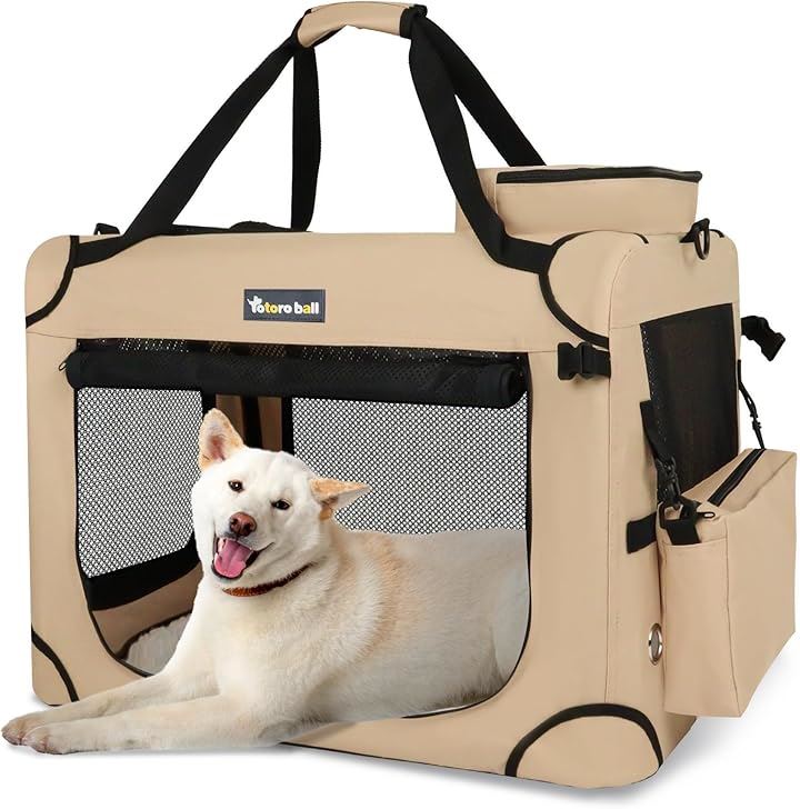 犬用キャリーバッグ ソフトクレート キャリーケース 犬用クレート 折りたたみ メッシュ ロック付き(ベージュ, L（70L x 52W x 52H cm）)
