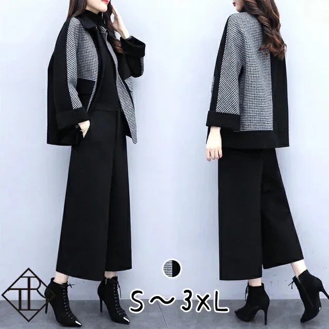 セットアップ レディース カジュアル 上下セット ツーピース 長袖 ジャケット フォーマル チェック柄 ワイドレッグパンツ シンプル キレイめ ナチュラル お洒落 可愛い フォーマル系 新作