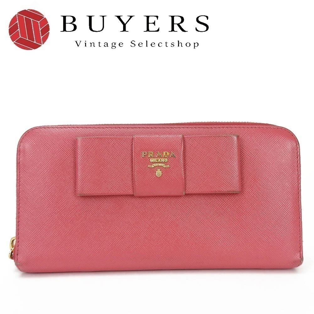 中古 プラダ ラウンドファスナー 長財布 リボン PEONIA ピンク サフィアーノ レザー ゴールド金具 レディース 女性 PRADA zip around long wallet pink peo