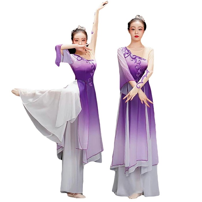 【2025限定SALE】古典ダンス衣装 レディース エスニック風 ステージ衣装 グラデーション ダンス衣装 ロングトップス ワイドパンツ 上下2点セット 中国古典舞踊ダンス衣装 ふんわり 中華風 ダン