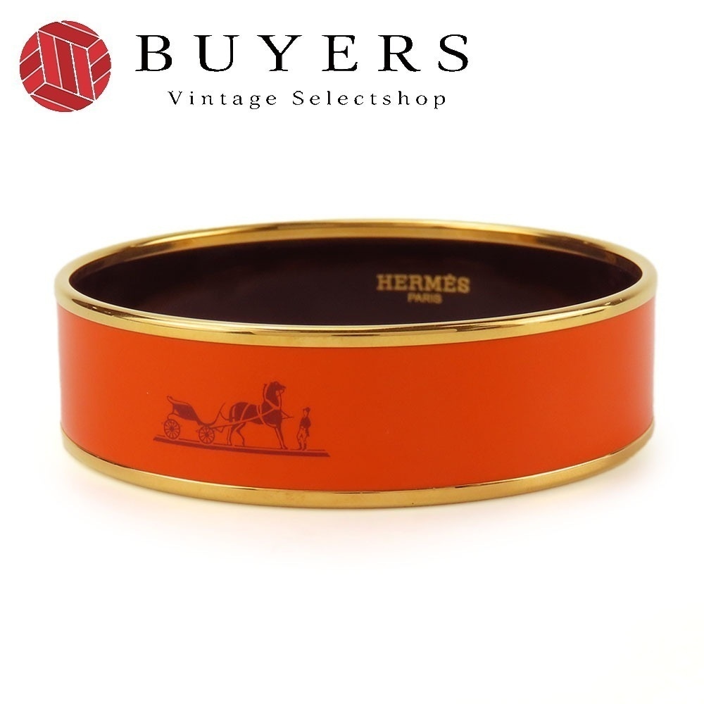 中古 バングル エマイユGM メタル 七宝焼き オレンジ 彫る ゴールド金具 ブレスレット アクセサリー レディース 女性