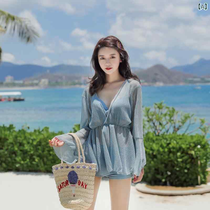 レディース 水着 スカート 女性用 婦人用 スイムウェア かわいい おしゃれ ビキニ 温泉 3点セット 日焼け対策 ブルー