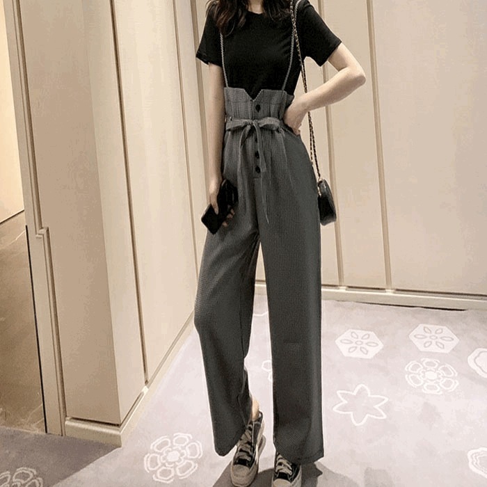 セットアップ オールインワン レディース 体型カバー セットアップ ツーピース サスペンダーパンツ ワイドパンツ Tシャツ インナー チェック柄 ギンガムチェック ゆったり ウエストリボン カジュアル