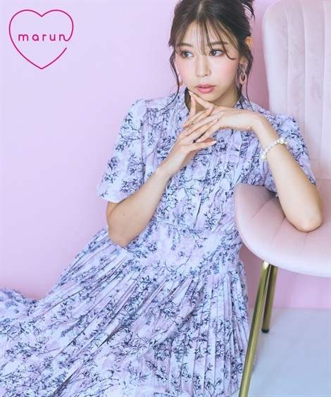 ロング・マキシ丈/半袖 大きいサイズ プリーツデザインフレア袖ワンピース　marun 8,633円