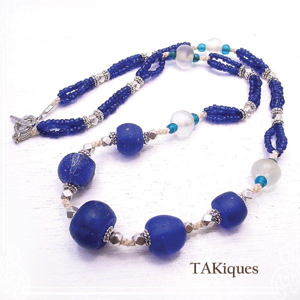 アンティーク ガラスビーズ マクラメ ロングネックレス 天然石 ビンテージ //TAKiques