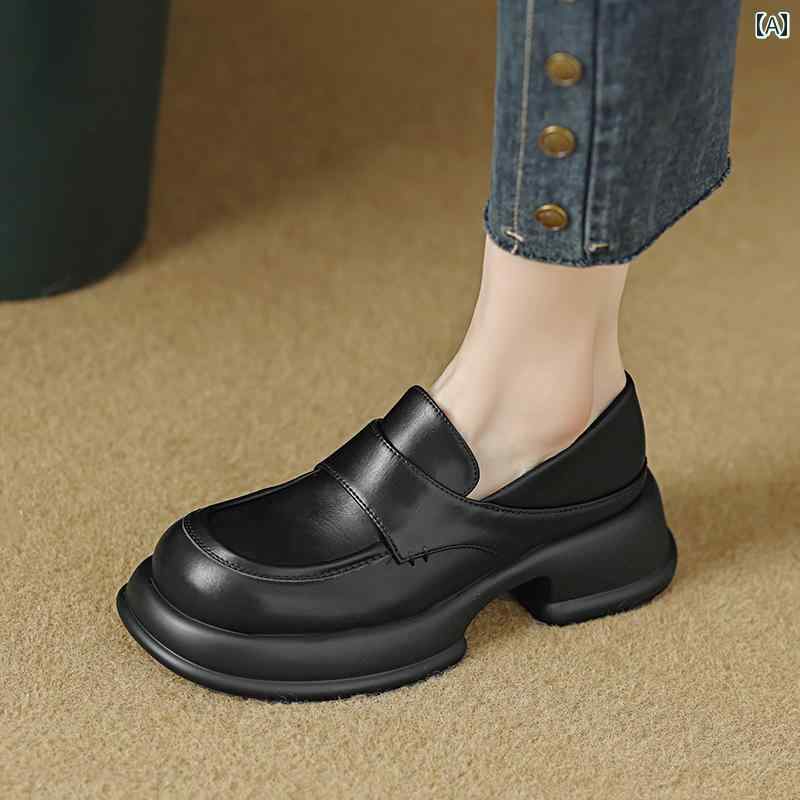 ローファー レディース 通学 通勤 学生 カレッジ 仕事 オフィス 春秋 革 厚底 深口 シングル シューズ 女性 ミディアム ヒール 太い ヒール ラウンドトゥ ソフト ソール