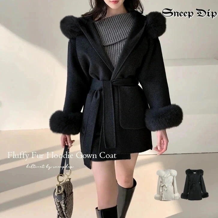 ファーフーディーコート ジャケット アウター ひざ上 フーディー 秋冬 無地 秋冬 SneepDip コート ふわもこ フェイクファー エコファー かわいい きれいめ ハーフコート 袖ファー ウエス