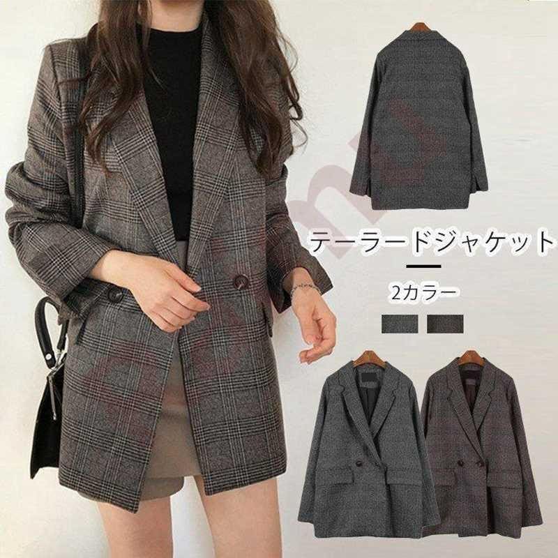 テーラードジャケット グレンチェック ロング 大きめ カジュアル 袖口スリット ダブルボタン ゆったり 薄手 春秋 レディース スーツ アウター フォーマル