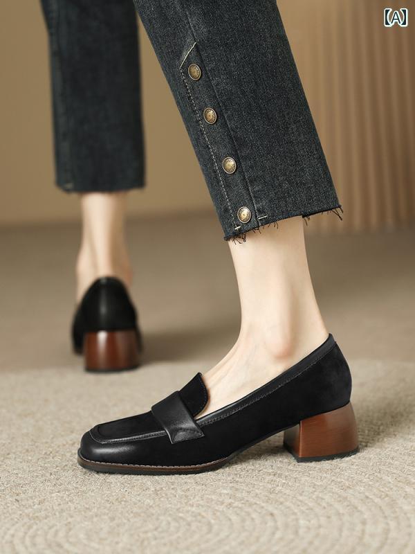 ローファー レディース オフィス カレッジ 通勤 通学 仕事 春秋 女性 レトロ つや消し シープスキン スリッポン 小さい 革靴 英国 太い ヒール ミディアム ヒール 多目的 靴