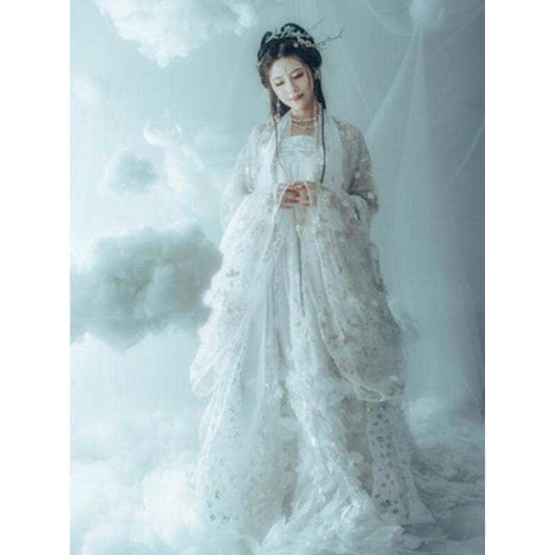 漢服　白　桜花びら　超豪華中華服　振り袖チャイナ服　中国古代唐装　中華ドレス　華流コスプレ仮装　中華コスチュム　華服　チャイナ風舞台ステージ衣装　イベ30%までに制限