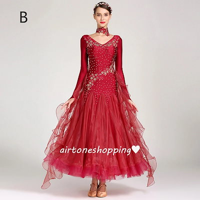 全9色 社交ダンス衣装 社交ダンスドレス モダンダンス 刺繡花柄 ワイン