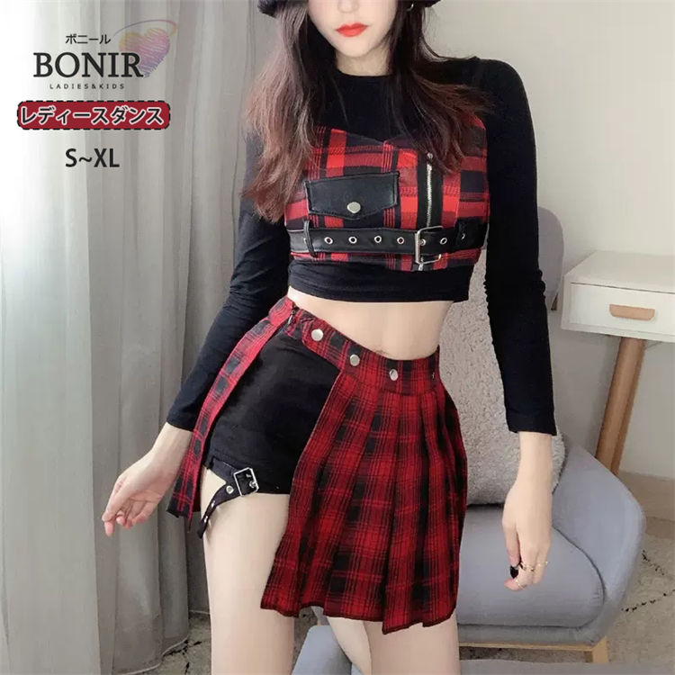 レディース ダンス衣装 k-pop ヒップホップ 大人 jazz アイドル チェック柄 レッド キャミソール 黒 長袖 トップス へそ出し スカート セットアップ セクシー DS演出服 インナー短パン