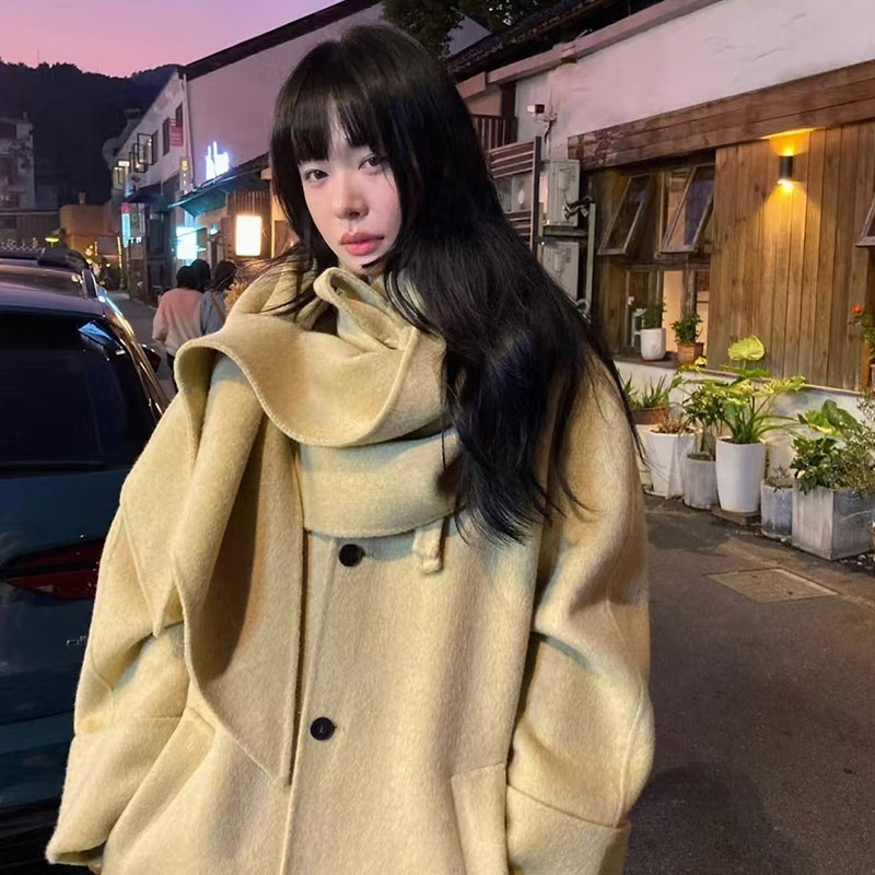 韓国風2025年冬新作　エレガントなスタンドカラー　スリミングスカーフカラー　ミドル丈　両面ウールコート　レディース
