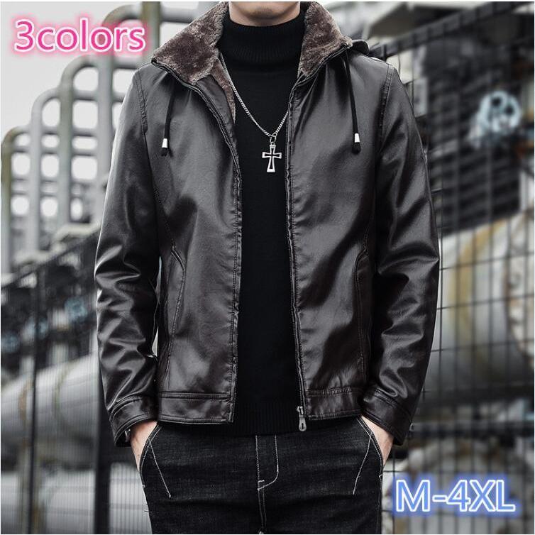 秋冬新作 大きいサイズフード付き 厚手裏ボアレザージャケットシンプル メンズ PU革ジャケットPU革コートカジュアル 防風 防寒 PU革ブルゾン長袖トップス全3色
