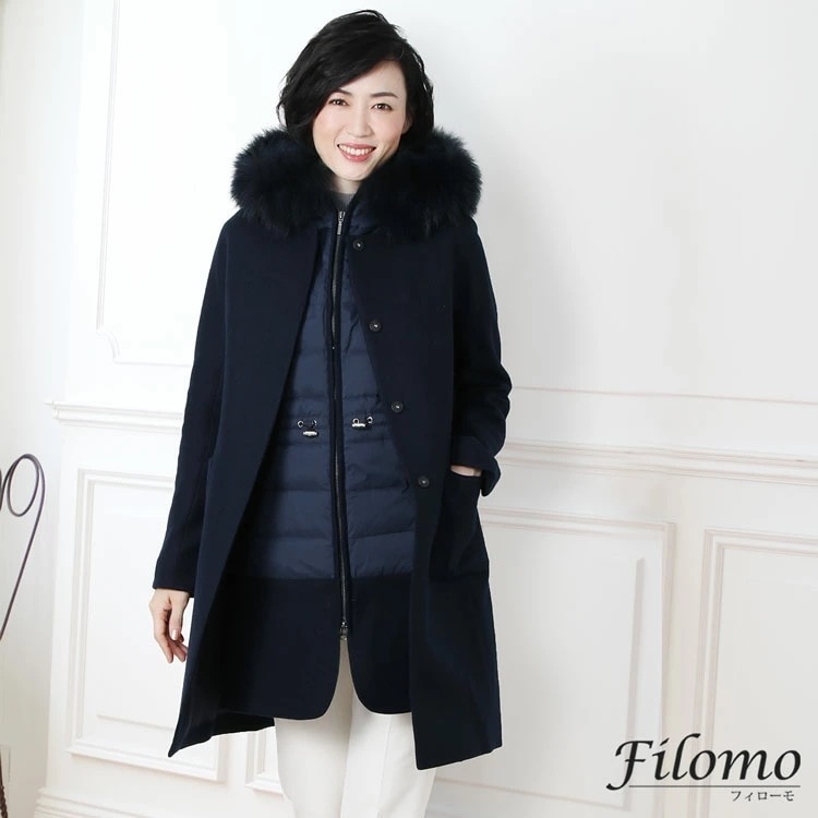 ファー付きカシミヤウールコート