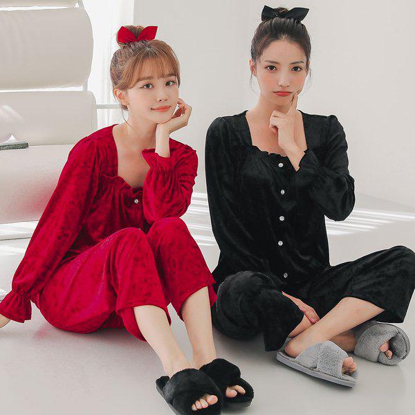 ガーネットベルベットツーピースレディース長袖パジャマ冬ホームウェア上下セット4色