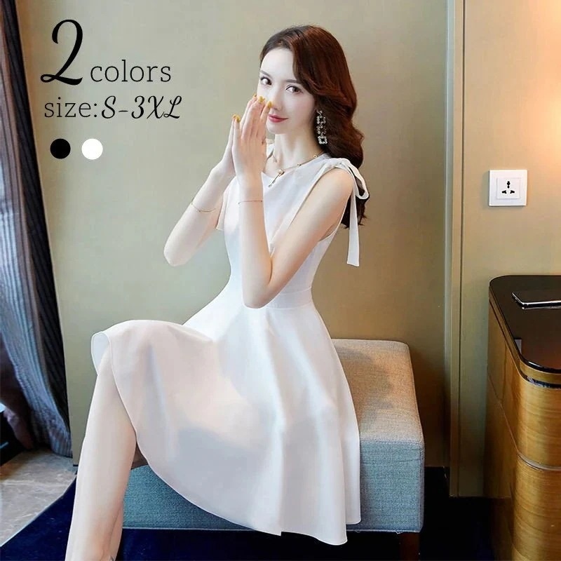 ワンピースレディースノースリーブリボンミディアム大人可愛品シンプル無地上品aライト黒白お出かけお呼ばれ丸首30%までに制限