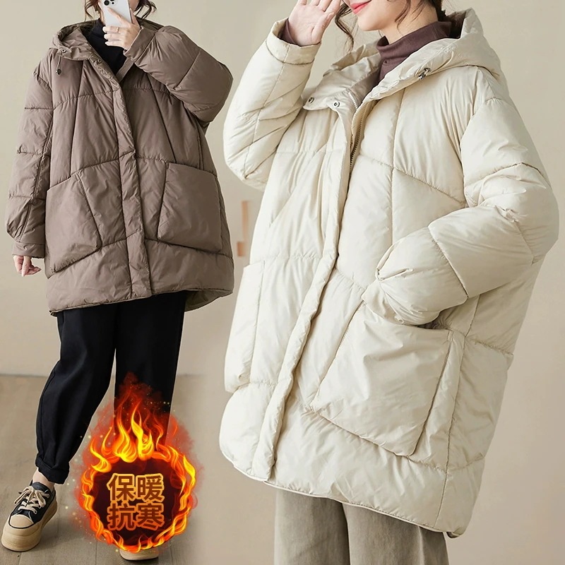 の新型韓国厚手のパーカーダウンジャケット 綿服レディース大きいサイズ 保温綿服セミロング丈コート