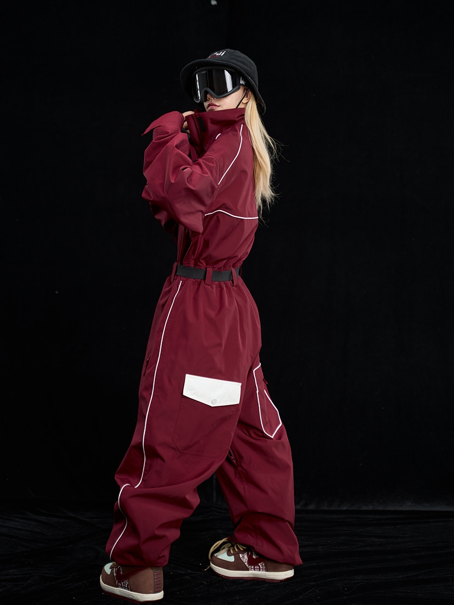 新品限定 セット 一体型スキーウェア 厚手 防水 シンプル 男女通用 ワインレッド