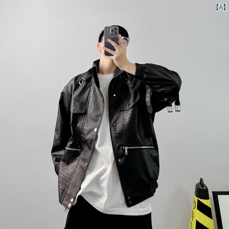 アウター メンズ カジュアル おしゃれ ワニ 柄 ブラック パンク レディース スタンドカラー モーター サイクル レザー ジャケット トレンディ