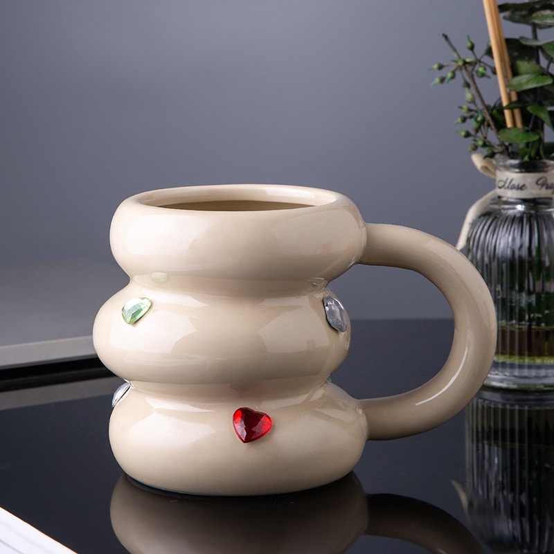 ジュエリーマグカップ おしゃれ かわいい コーヒーカップ 大容量 ギフト プレゼント セラミック製 ティータイム ベージュ ブラック