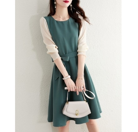 デート モテコーデ ハレの日 ワンピース ワンピドレス 膝丈 ひざ丈 膝上 袖あり 長袖 ラウンドネック 襟なし セミフレア 細身 切り替えデザイン ウエストマーク ウエストリボン 切り替えデザイン 5,428円