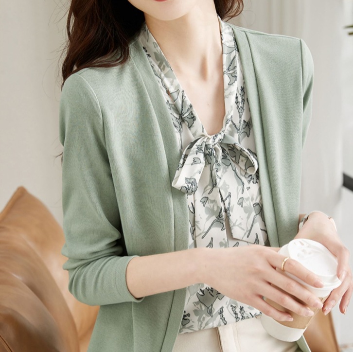 フェイクツーピース カジュアルフェイクカーディガン 長袖春トップス オフィスカジュアル トップス ブラウス ニットソー プルオーバー 袖あり 長袖 Vネック スリム 細身 Iライン スマート シフォン