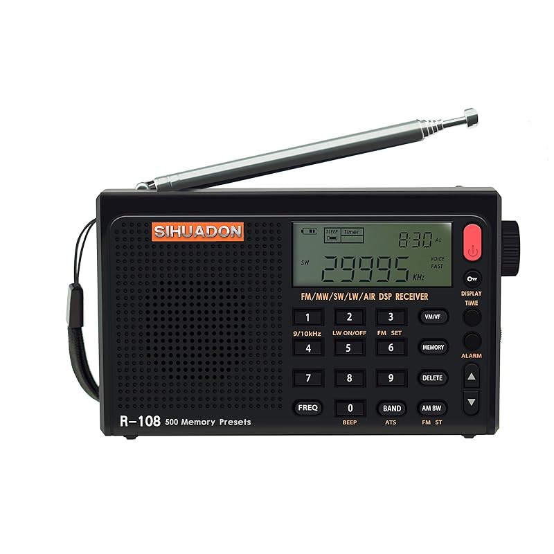 SIHUADON R108 小型短波ラジオ ポータブル 高感度受信 FM/AM/LW/SW/エアバンド BCLラジオ 航空無線 ATS スリープ機能 目覚まし時計 USB充電式 電池式 DSPレシーバ