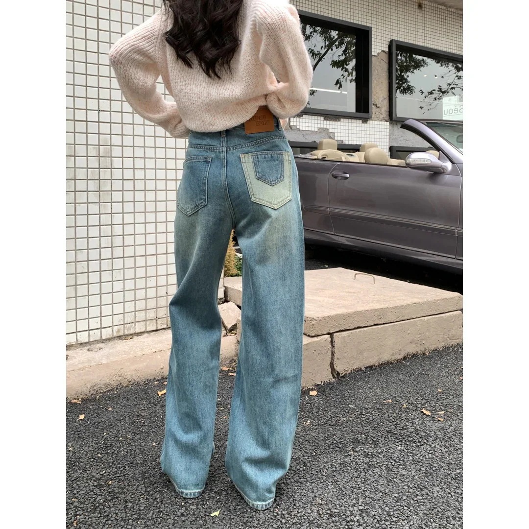 Gagd 女性用レトロストレートジーンズ 2024 初春秋冬韓国ハイウエストスリムストレートデニムパンツ