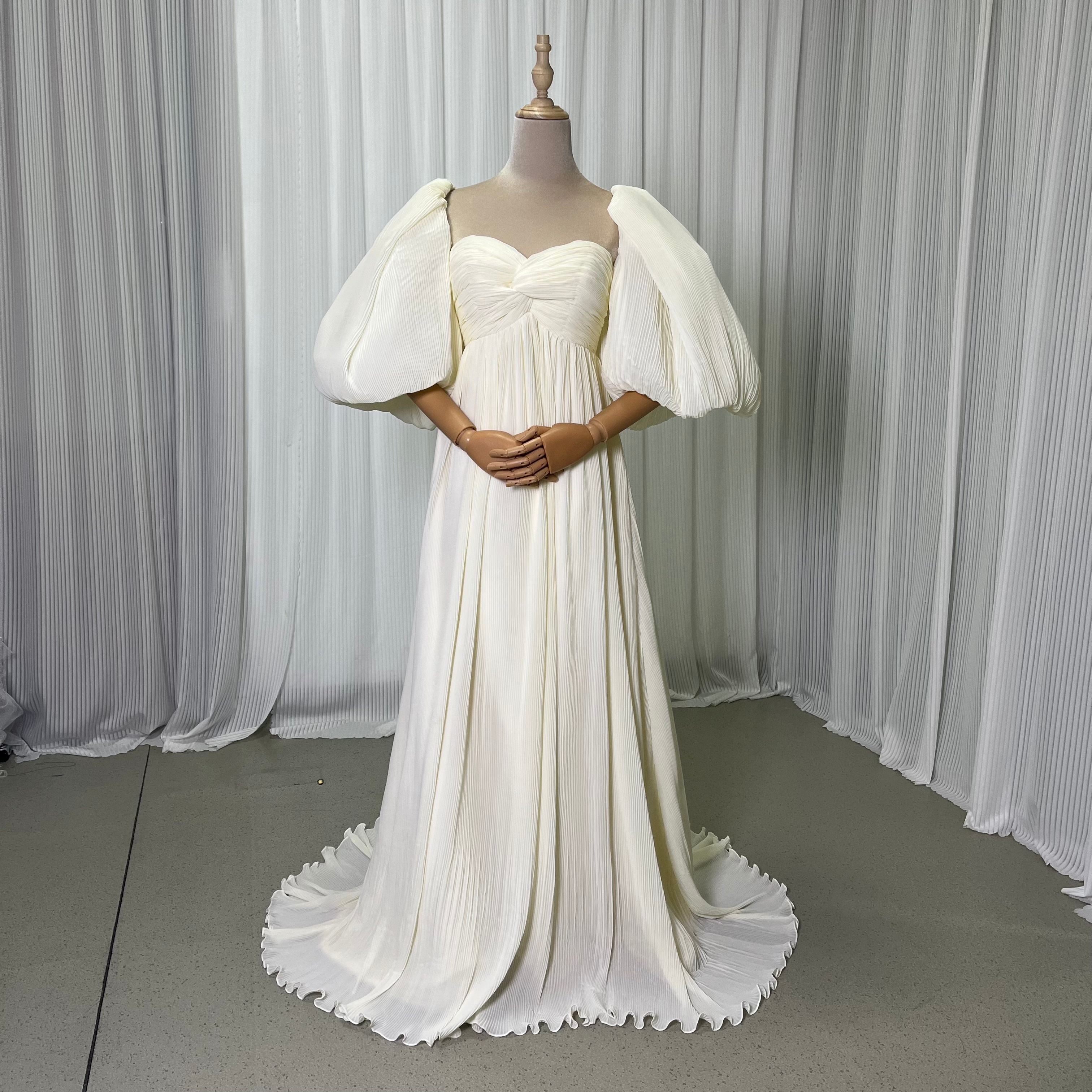 パーティードレス ベージュ パフスリーブ プリーツドレス ふんわりシフォン ファスナー 前撮り