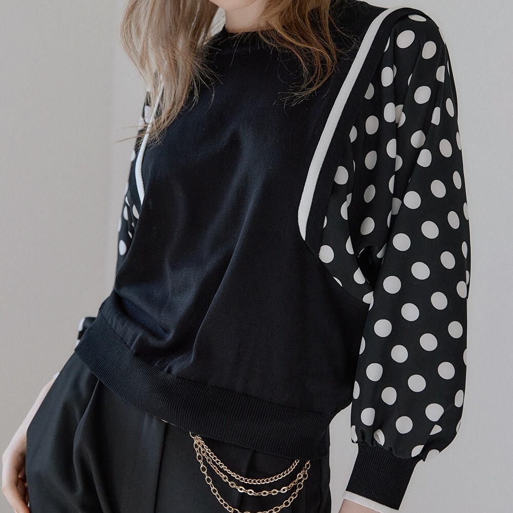 レディース トップス ブラウス プルオーバー ベスト 長袖 ボリューム袖 ドルマンスリーブ ラウンドネック フェミニン 切り替えデザイン バイカラー 薄手 ニット かわいい 大人可愛い きれいめ 上品