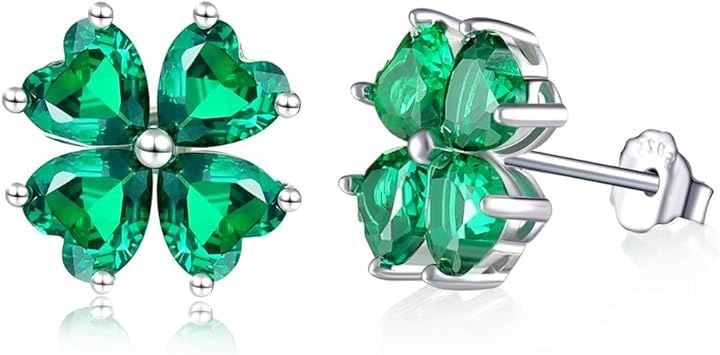 幸運四つ葉のクローバー 女性 6.4ct エメラルド 925純銀製 シルバー ピアス K18コーティング 金属アレルギー対応( 5月 誕生石 エメラルド)
