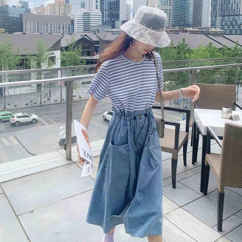 レディース ワンピース 人気 ドッキング Tシャツ ストライプ ボーダー柄 デニム スカート サマー コーデ 半袖 ラウンドネック カジュアル ゴム ポケット付き Aライン ミモレ丈 普段使い デート