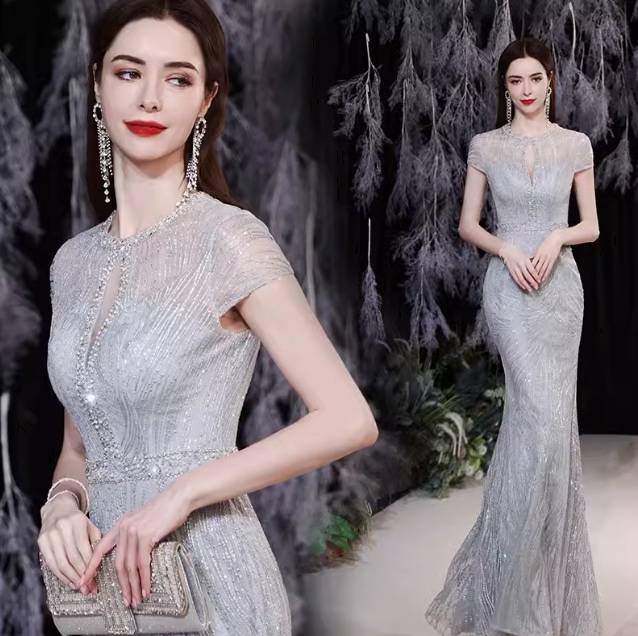 ドレス ワンピース パーティー 二次会 演奏会 発表会 ステージ 舞台 衣装 ラウンジ クラブ マキシ 半袖 ラウンドネック スレンダー スリム 透け感 スパンコール きれいめ シンプル 上品