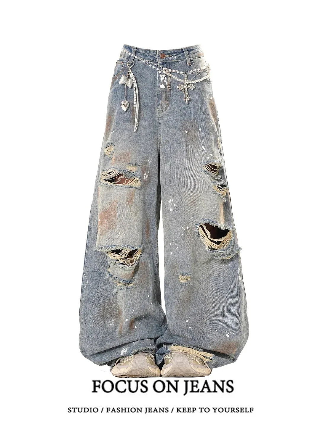 2025春夏 デニムパンツ ボトムス ハイウエスト ジーンズ K-POP ストリートファッション系モップ韓国風ファッション練習ジーンズ シルエット加工ゆったりレッグレディースカジュアルジーパン衣装