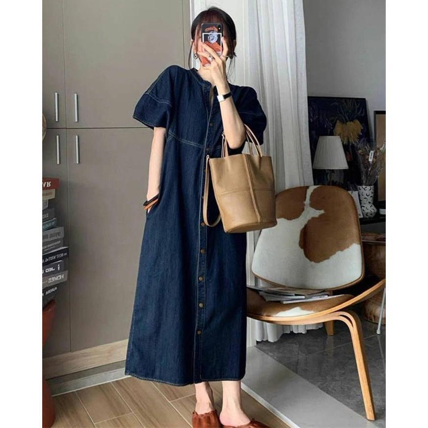 デニムワンピース ワンピース デニム ロング 半袖 レディース 夏 きれいめ ロングワンピース aライン ワンピ おしゃれ 低身長 カラー