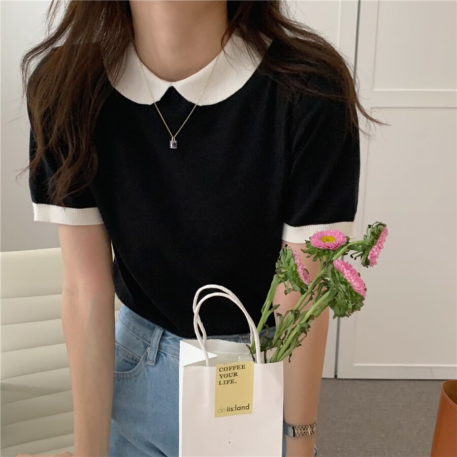 レトロ風 トップス Tシャツ プルオーバー 夏 春 秋 かわいい きれいめ カジュアル ショート ショート丈 半袖 五分袖 パフスリーブ ドールカラー 丸襟 スリム タイト 細身 ストレート 裾イン