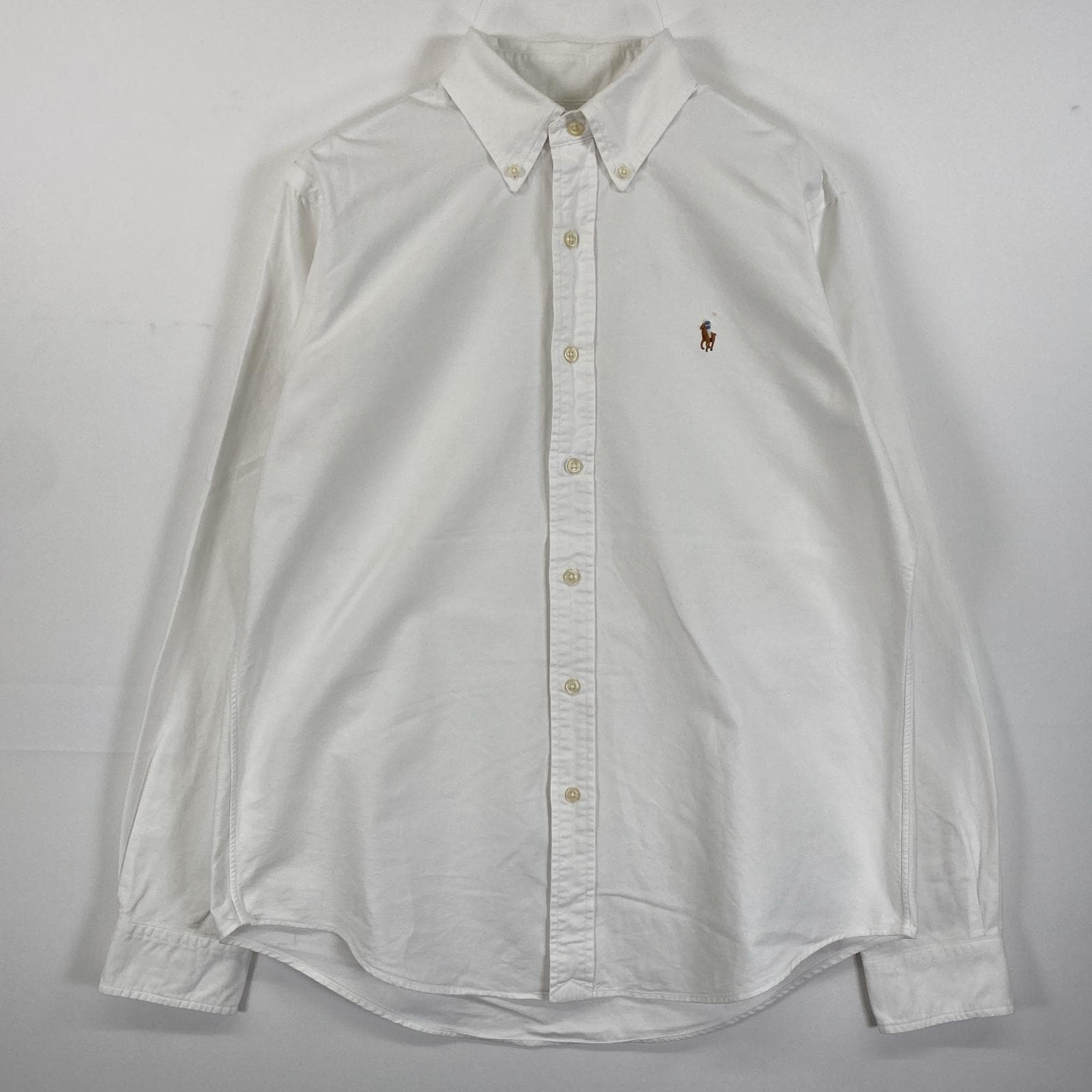 古着 長袖シャツ ボタンダウン ワンポイントロゴ刺繍 M ホワイト 無地 メンズ