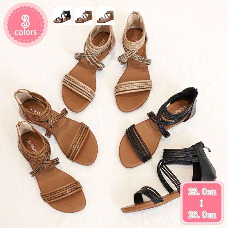 1000円OFFクーポン レディース サンダル グラディエーター 黒 ストラップ クロスベルトぺたんこブーツサンダル フラットサンダル ブーサン 20代 30代 40代 痛くない 蛇柄 オシャレ スト