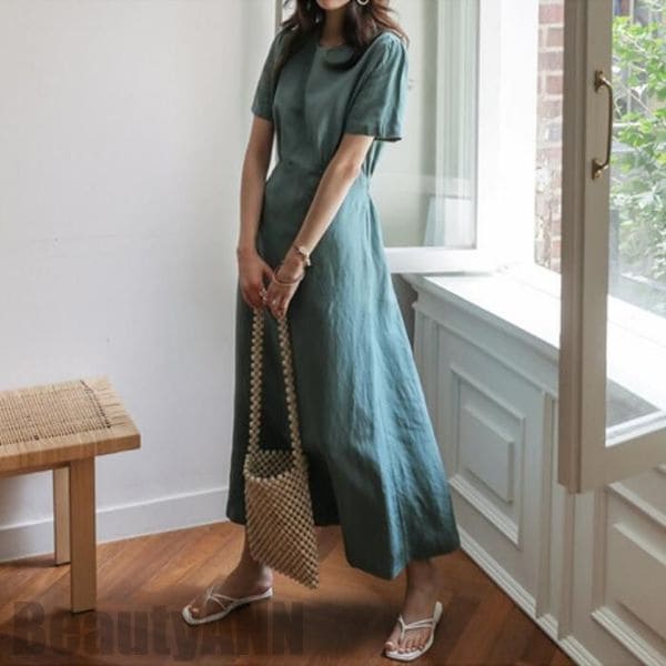 【2025限定SALE】リネン ワンピース ナチュラル 袖あり 半袖 コットン リネン混 綿 麻 体型カバー ロング丈 レディース ワンピ ドレス 涼しい ハイウエスト ウエストゴム きれいめ 大人