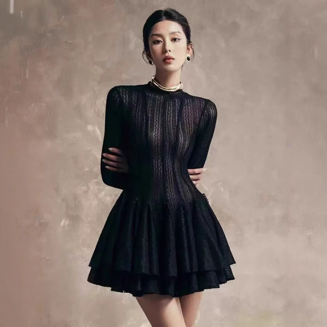 韓国デザイン秋物新作ラウンドネック 長袖着痩せミニワンピース